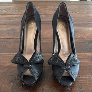 Joan & David Daparris Black Satin Peep Toe Heels. Size 7. EUC.